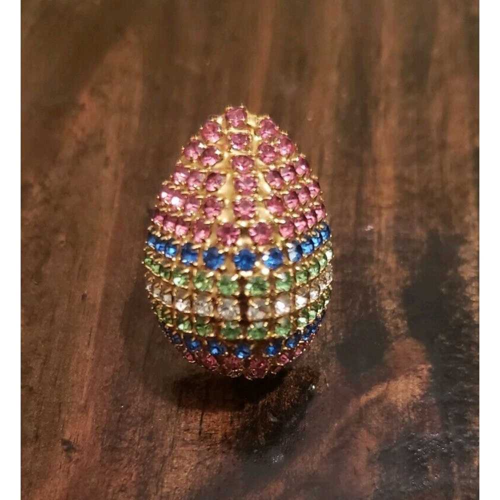 Vintage Dorothy Bauer Rhinestone Rare Easter egg ring gold tone adjustable
